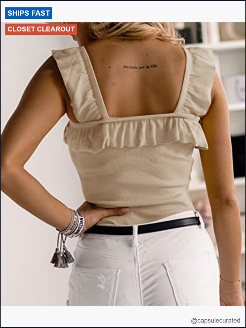Sleeveless Ruffled Square Neck Tank Top Knit Camisole Top - Picture 3 of 7